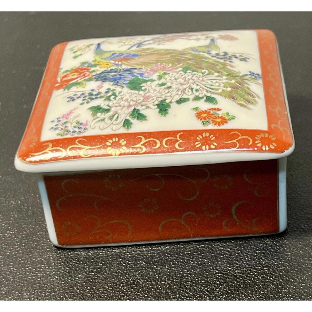 Asahi Japan MCM Porcelain Trinket Box Peacocks Chrysanthemums Scenes
